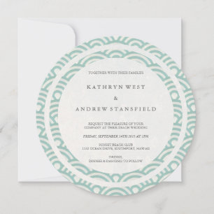 Green + White Stylized Waves Elegant Beach Wedding Invitation