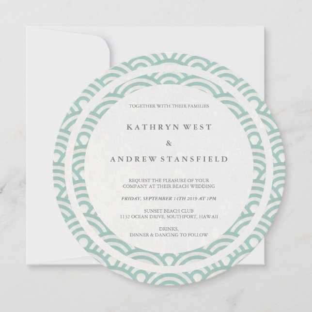 Green + White Stylized Waves Elegant Beach Wedding Invitation (Front)