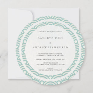 Green + White Stylized Waves Elegant Beach Wedding Invitation