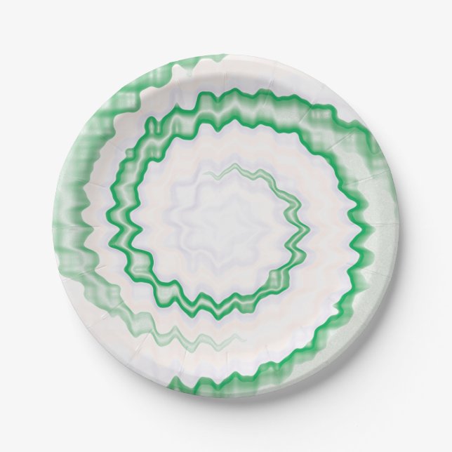 Green white swirl tie dye party paper plates (Front)