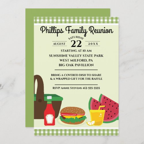 Green  White Tablecloth Picnic Family Reunion Invitation