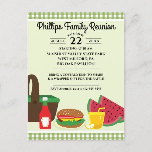 Green  White Tablecloth Picnic Family Reunion Invitation Postcard