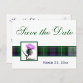 Green, White Tartan Thistle Save the Date Postcard (Front/Back)