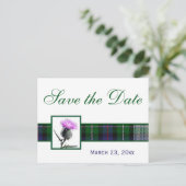 Green, White Tartan Thistle Save the Date Postcard (Standing Front)