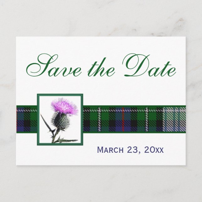 Green, White Tartan Thistle Save the Date Postcard (Front)