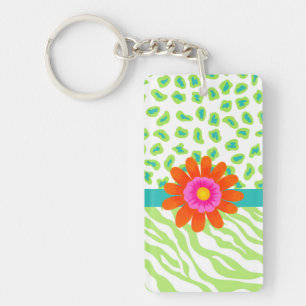 Green, White & Teal Zebra & Cheetah Orange Flower Keychain