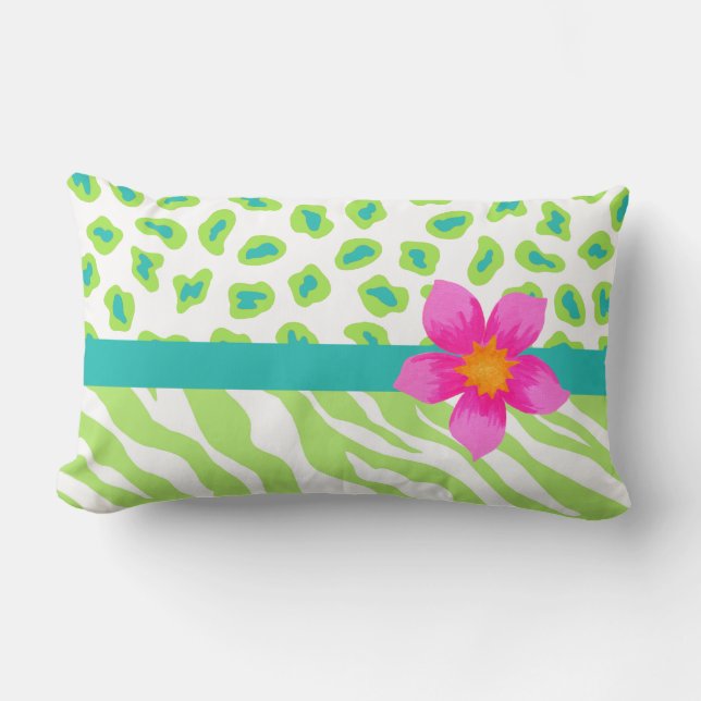 Green, White & Teal Zebra & Cheetah Orange Flower Lumbar Pillow (Front)