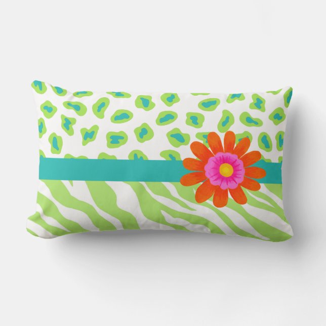 Green, White & Teal Zebra & Cheetah Orange Flower Lumbar Pillow (Front)