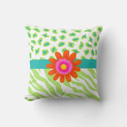 Green White  Teal Zebra  Cheetah Orange Flower Throw Pillow