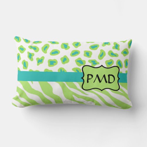 Green White  Teal Zebra  Cheetah Personalized Lumbar Pillow