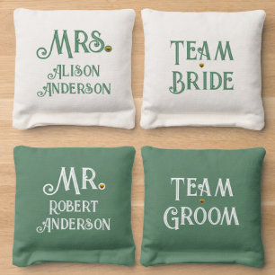Green white team bride, team groom Mr, Mrs wedding Cornhole Bags