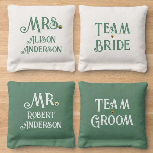 Green white team bride team groom Mr Mrs wedding Cornhole Bags