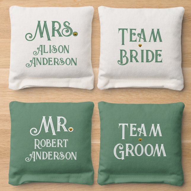 Green white team bride, team groom Mr, Mrs wedding Cornhole Bags (Wood)