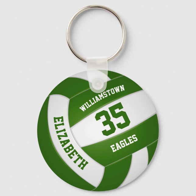 green white team colors boys girls volleyball keychain (Front)