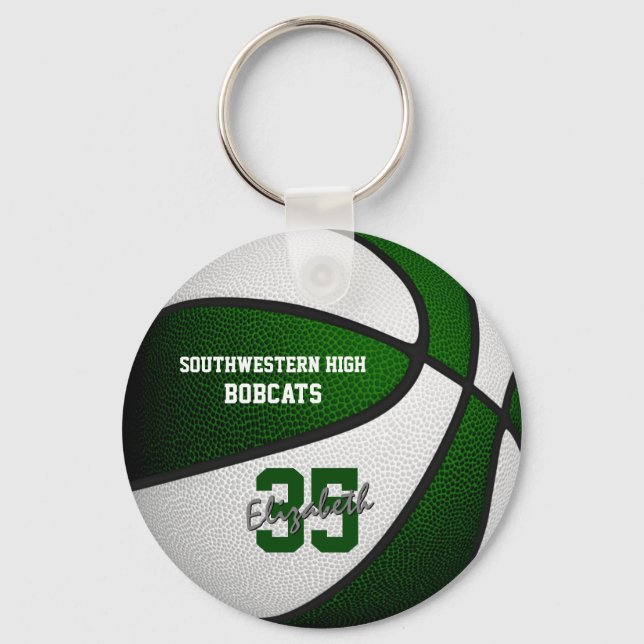 green white team colors girls boys basketball keychain (Front)