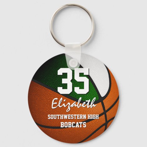 Green white team colors girls boys basketball keychain