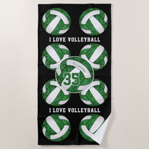 green white team colors I love volleyball girly Beach Towel