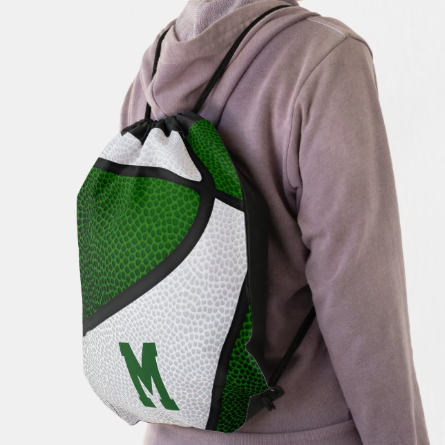 green white team colors personalized basketball drawstring bag (Insitu)