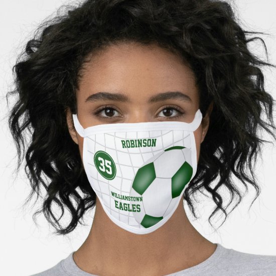 green white team colors player name soccer face mask