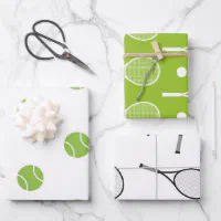 Green & White Tennis Theme Rackets Balls Pattern Wrapping Paper Sheets