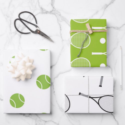 Green  White Tennis Theme Rackets Balls Pattern Wrapping Paper Sheets