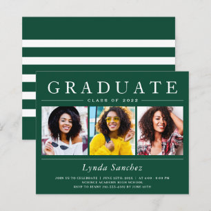 Green White Three Photo Graduation Invitation