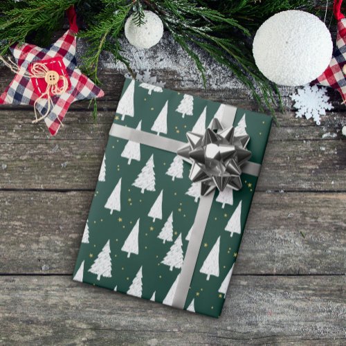 Green White Trees Christmas Holiday Wrapping Paper