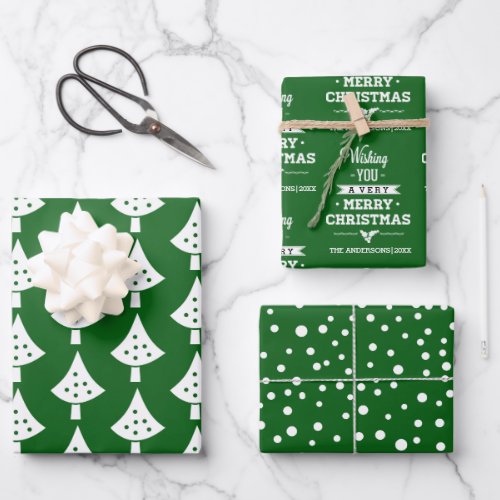 Green white trees snowflakes and wishes Christmas Wrapping Paper Sheets