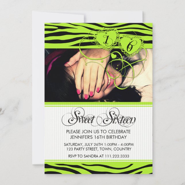 GREEN WHITE TRENDY ZEBRA PRINT SWEET SIXTEEN INVITATION (Front)