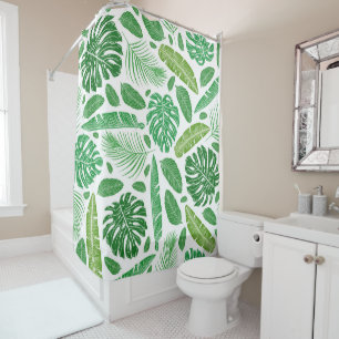 Green & white tropical leafs pattern shower curtain