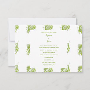 Green White Tropical Palm Leaves Patterns Wedding Invitation