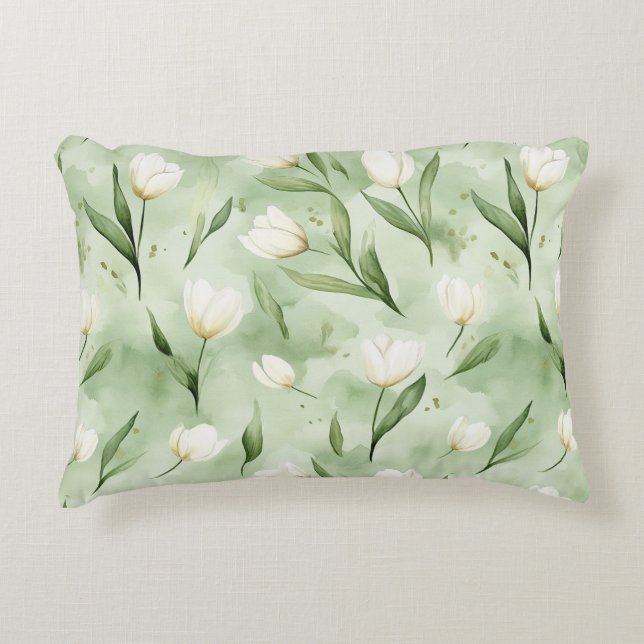 Green White Tulip Flowers Accent Pillow (Front)