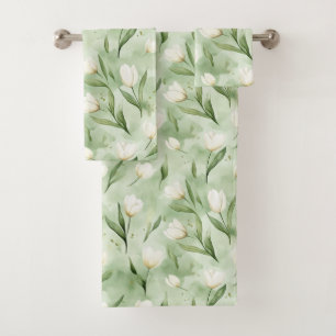 Green White Tulip Flowers Bridal Shower Bath Towel Set