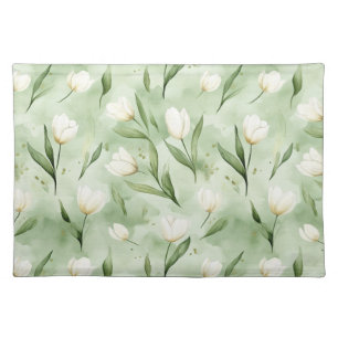 Green White Tulip Flowers Bridal Shower Cloth Placemat