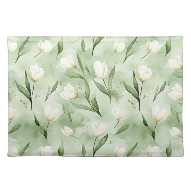 Green White Tulip Flowers Bridal Shower Cloth Placemat (Front)