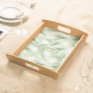 Green White Tulip Flowers Bridal Shower Serving Tray