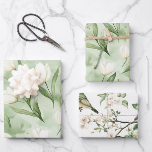 Green White Tulip Flowers Bridal Shower Wrapping Paper Sheets