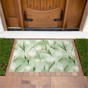 Green White Tulip Flowers Doormat