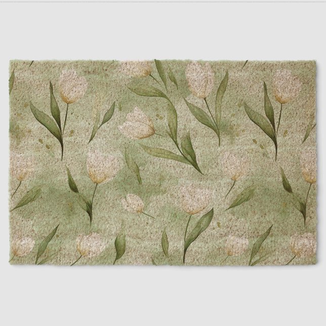 Green White Tulip Flowers Fiber Doormat (Front)