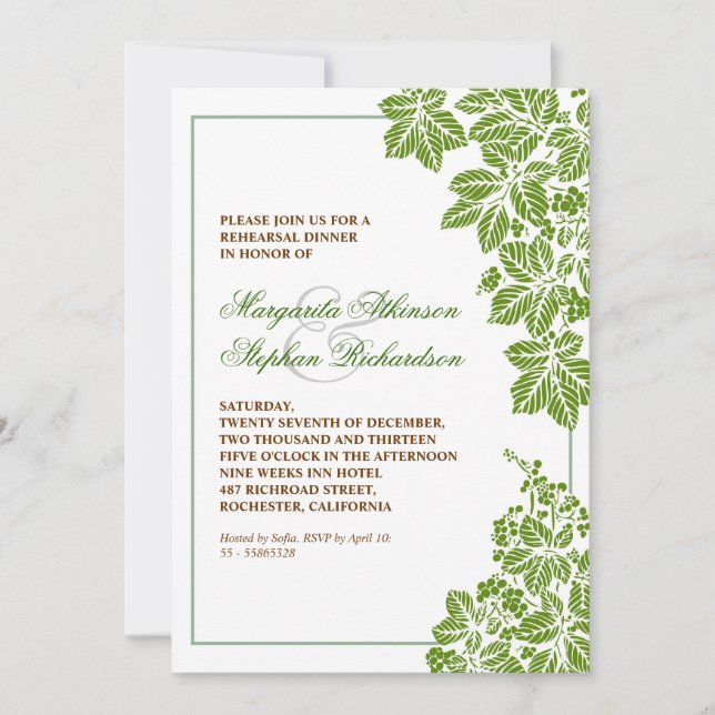 green & white vineyard rehearsal dinner invites (Front)