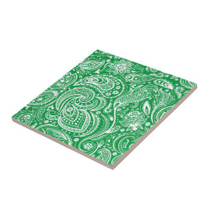 Green & White Vintage Floral Paisley Pattern Ceramic Tile