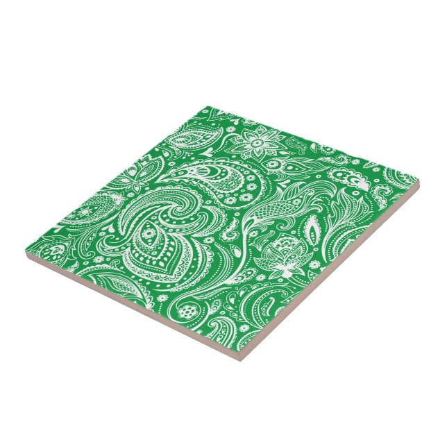 Green & White Vintage Floral Paisley Pattern Ceramic Tile (Side)