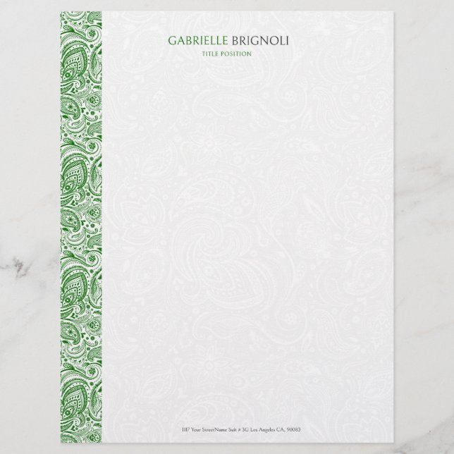 Green & White Vintage Paisley Pattern Letterhead (Front)