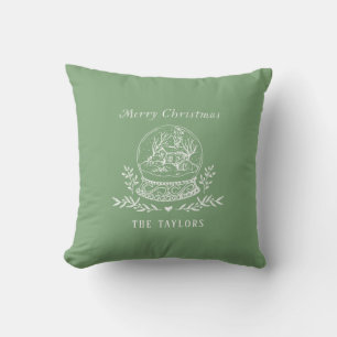 Green White Vintage Snow Globe Christmas Throw Pillow