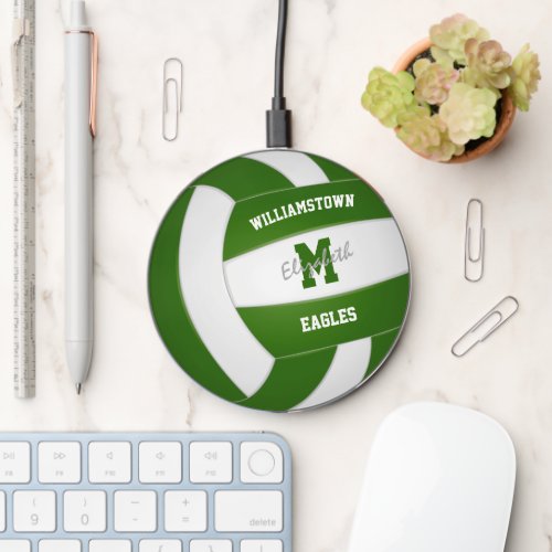 green white volleyball athlete name monogram wireless charger 