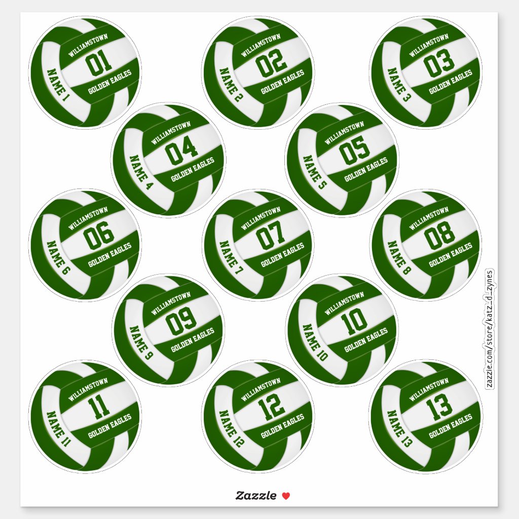 green white volleyball team colors players names set of 13 stickers
