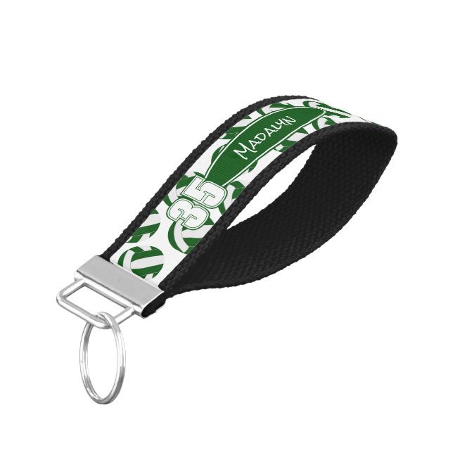 green white volleyballs athlete name wrist keychain (Angled Down)