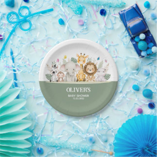 Green & White Watercolor Baby Shower  Paper Plates