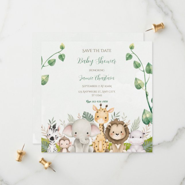 Green White Watercolor Baby Shower Save the Date (Front/Back In Situ)