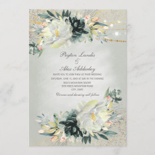 Green White Watercolor Floral Glitter Wedding Invitation